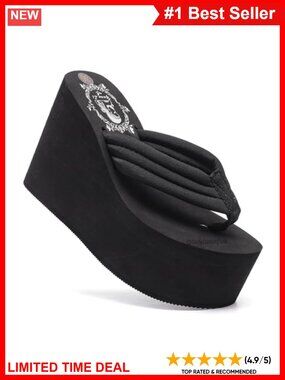 Womens Platform Wedge Flip Flops Rhinestone Faux Suede EVA Heeled Sandals